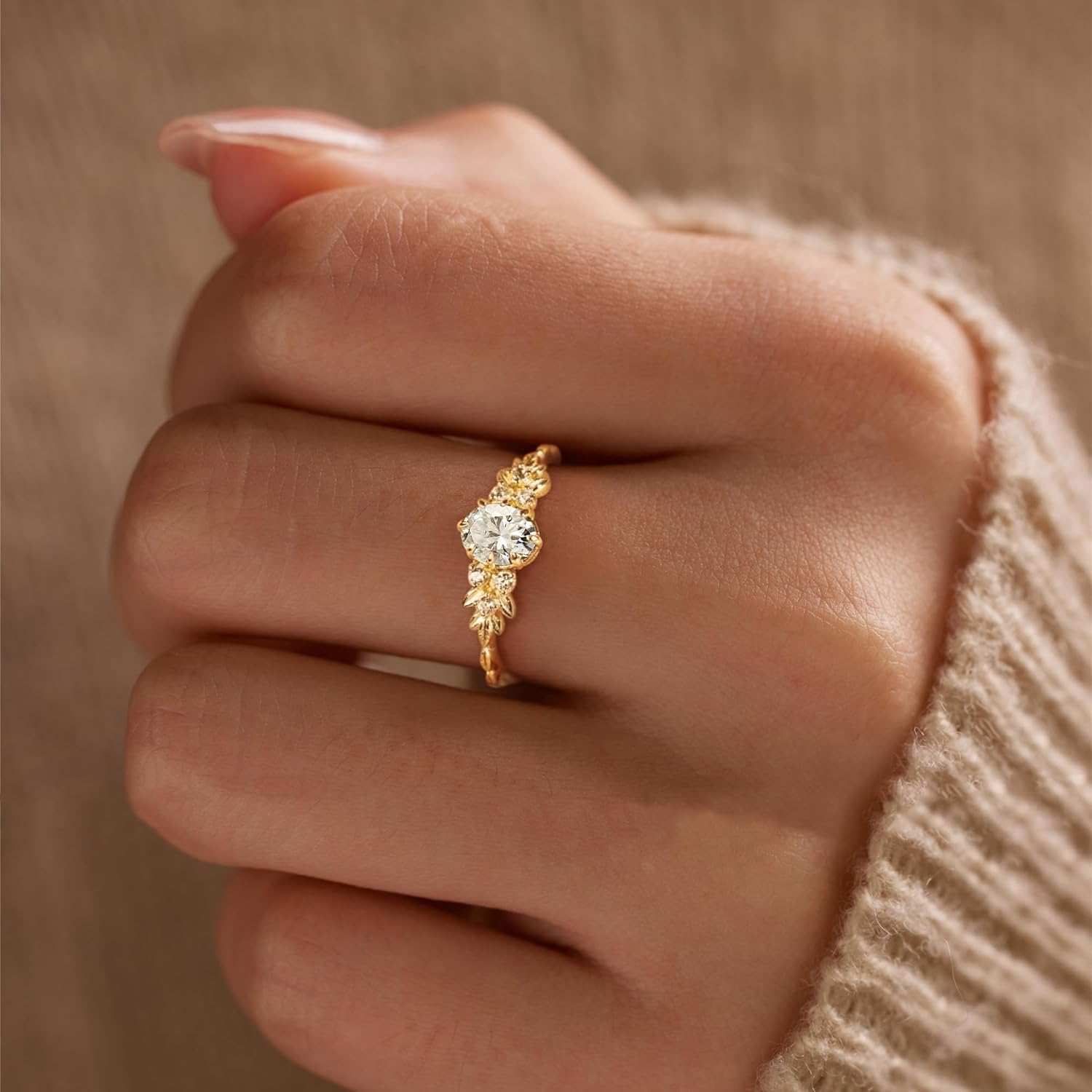 925 Sterling Silver Cubic Zirconia Leaf Rings for Women 14K Gold Plated Marquise Engagement Ring Statement Gemstones Moissanite Rings Dainty Wedding Bands Bridesmaid Birthday Valentines Jewelry Gifts - Image 6