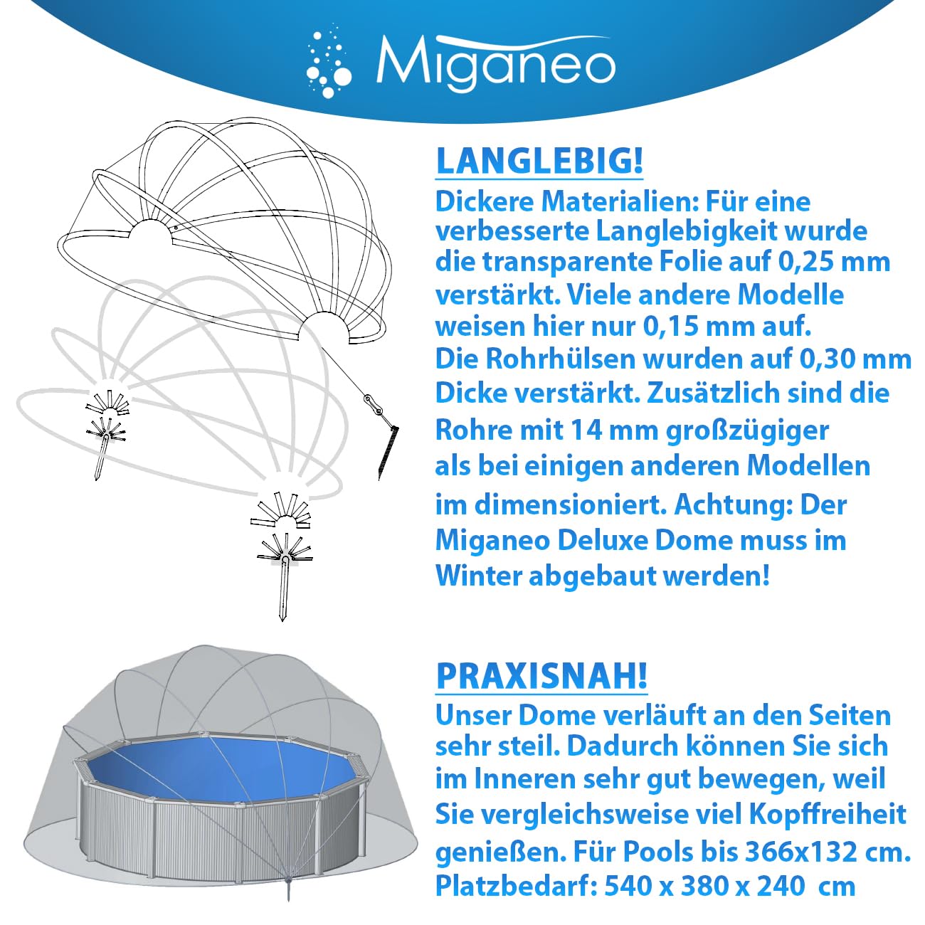 Miganeo Deluxe Cabrio Dome für Pools bis 366x132 cm | 240 cm hoch | extra Dickes Material