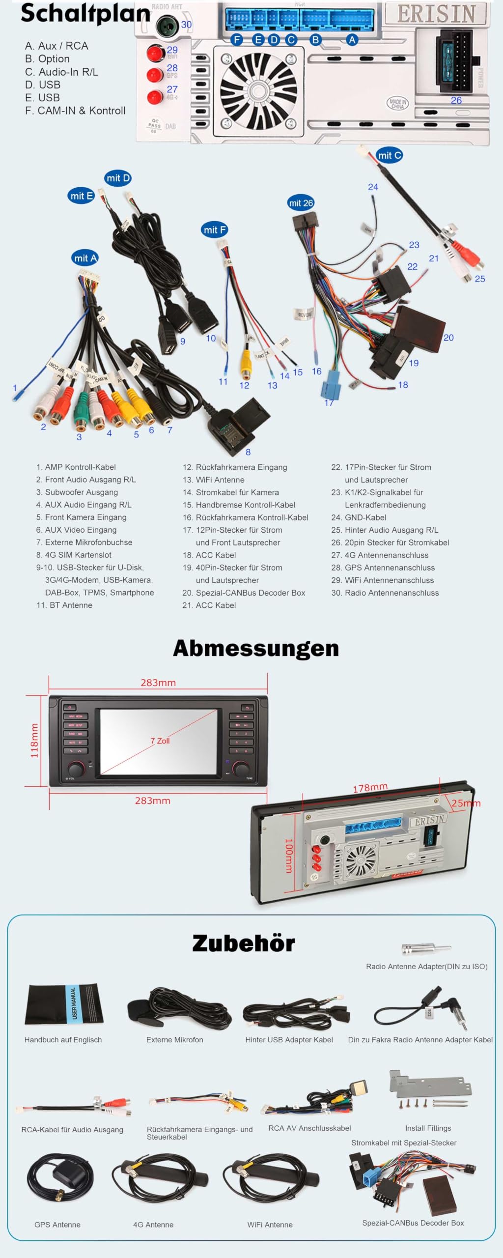 Erisin 8-Kern 4GB+64GB Android 16 Autoradio Bluetooth für BMW 5 Series 5er E39 M5 7 Zoll GPS Navi IPS Touchscreen Unterstützt Wireless CarPlay Android Auto DAB+ Radio DSP A2DP WiFi OBD2 Canbus FM