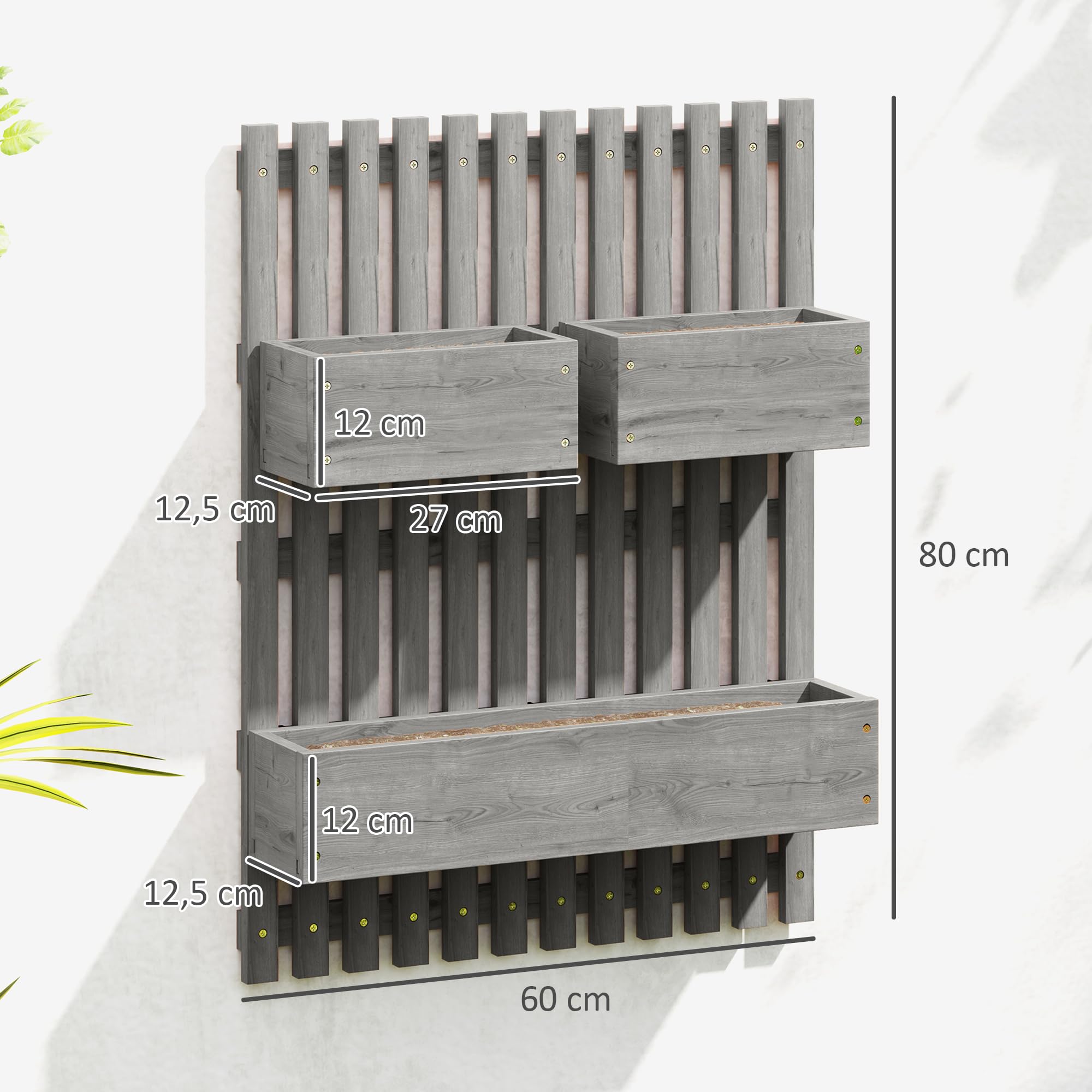 Outsunny - Jardinera de pared con huerto con 3 contenedores de madera maciza extraíbles, tela no tejida, 60 x 16 x 80 cm, color gris