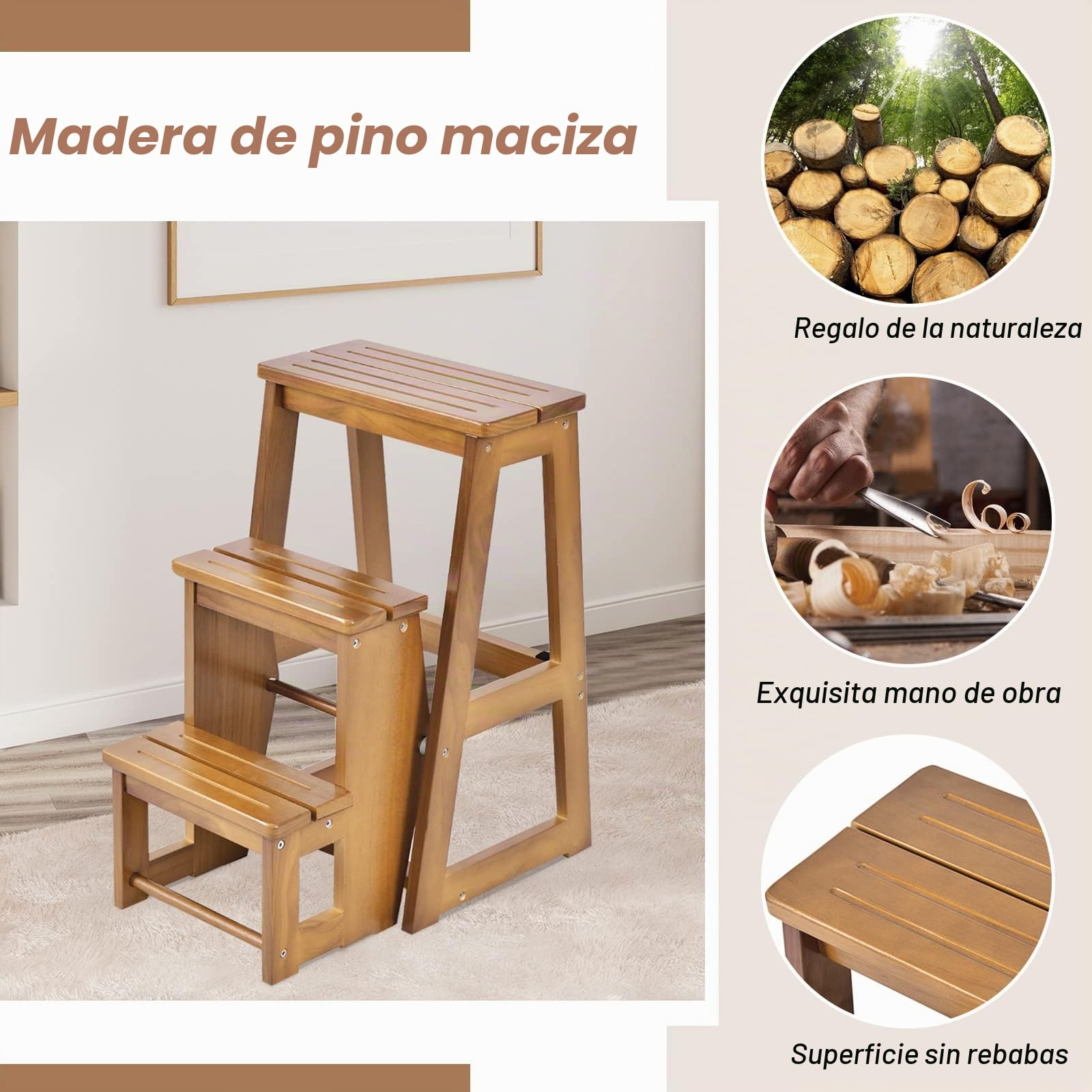 GIANTEX Taburete Escalera Plegable de Madera con 3 Peldaños, 57 x 38,5 x 66 cm, Escalera Silla Plegable Multifuncional para Ahorrar Espacio, Escalón para Baño, Cocina (Marrón Claro)