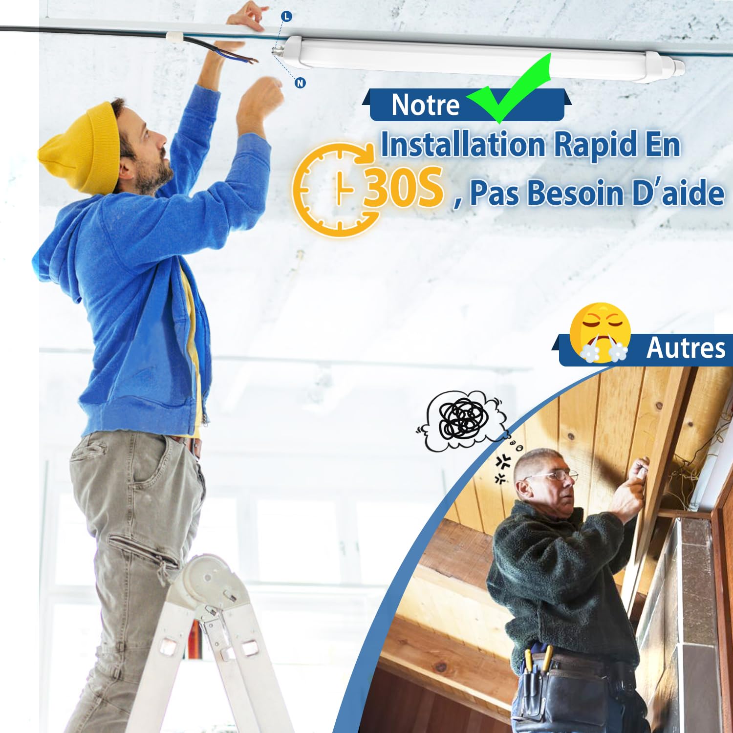 Neon LED 150 CM 45W 4500LM Tube Lampe Linkable IP65 Blanc Neutre 4000K Pour Garage Cave Atelier