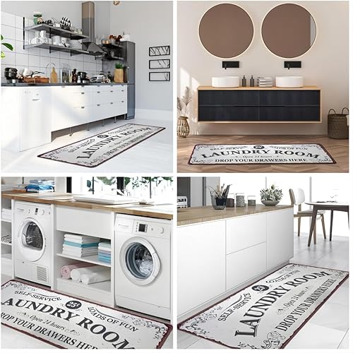 Miniatura 7 de Mosytuky Alfombra de lavandería de 20 x 59 pulgadas, antideslizante, para decoración de lavandería, tapete lavable para baño, pasillo, cocina,