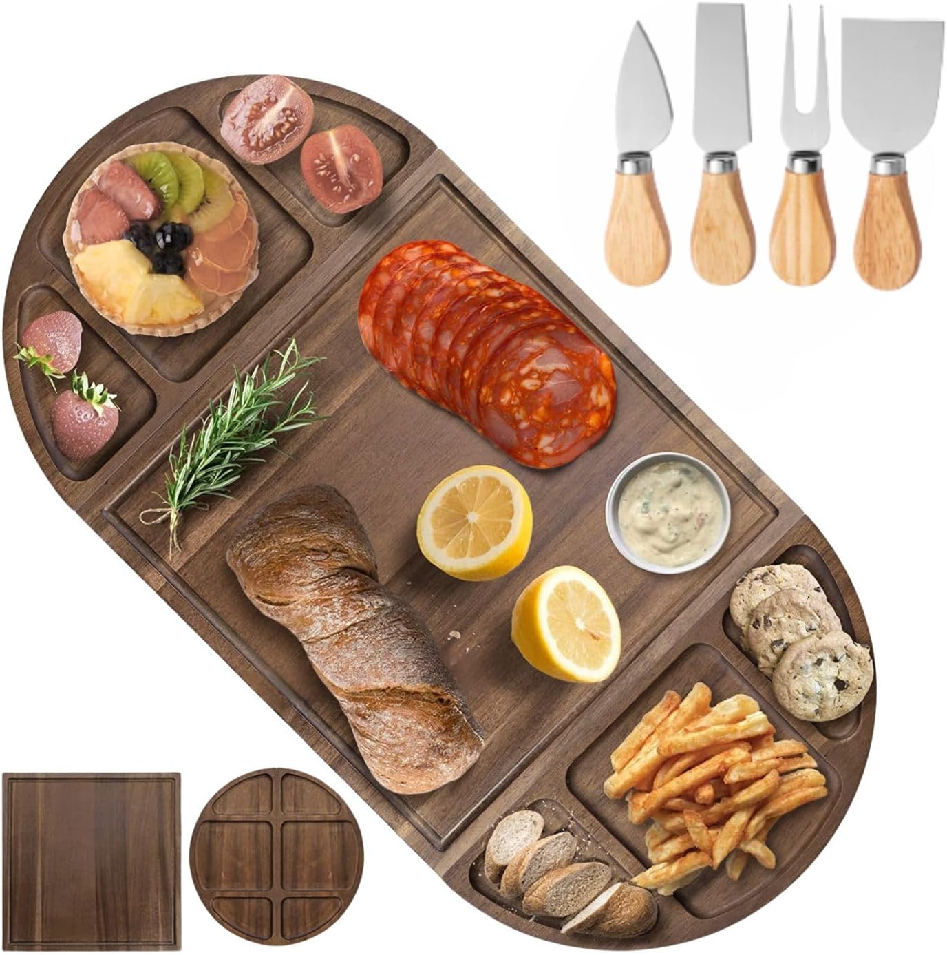 Large Wooden Charcuterie Board with 4 Cutlery Set - 3 Parts Magnetic Wood Cheese Platter 26"x13" Appetizer Board Tray Personalized Splice Boards