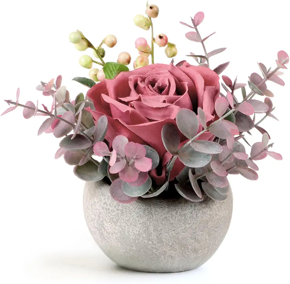 Faux Flowers in Pot, Pink Rose Artificial Flo...