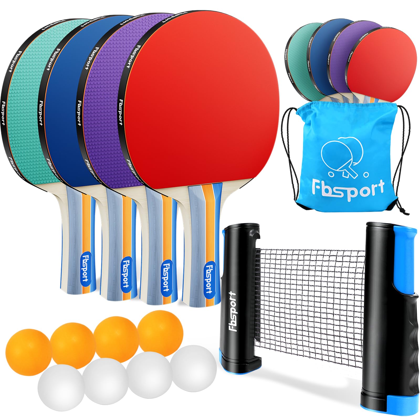 Set da ping pong con 4 pagaie, 1 rete retrattile, 8 palline, 1 borsa per il trasporto | Set di pipistrelli da ping pong per allenatori adulti famiglie indoor outdoor