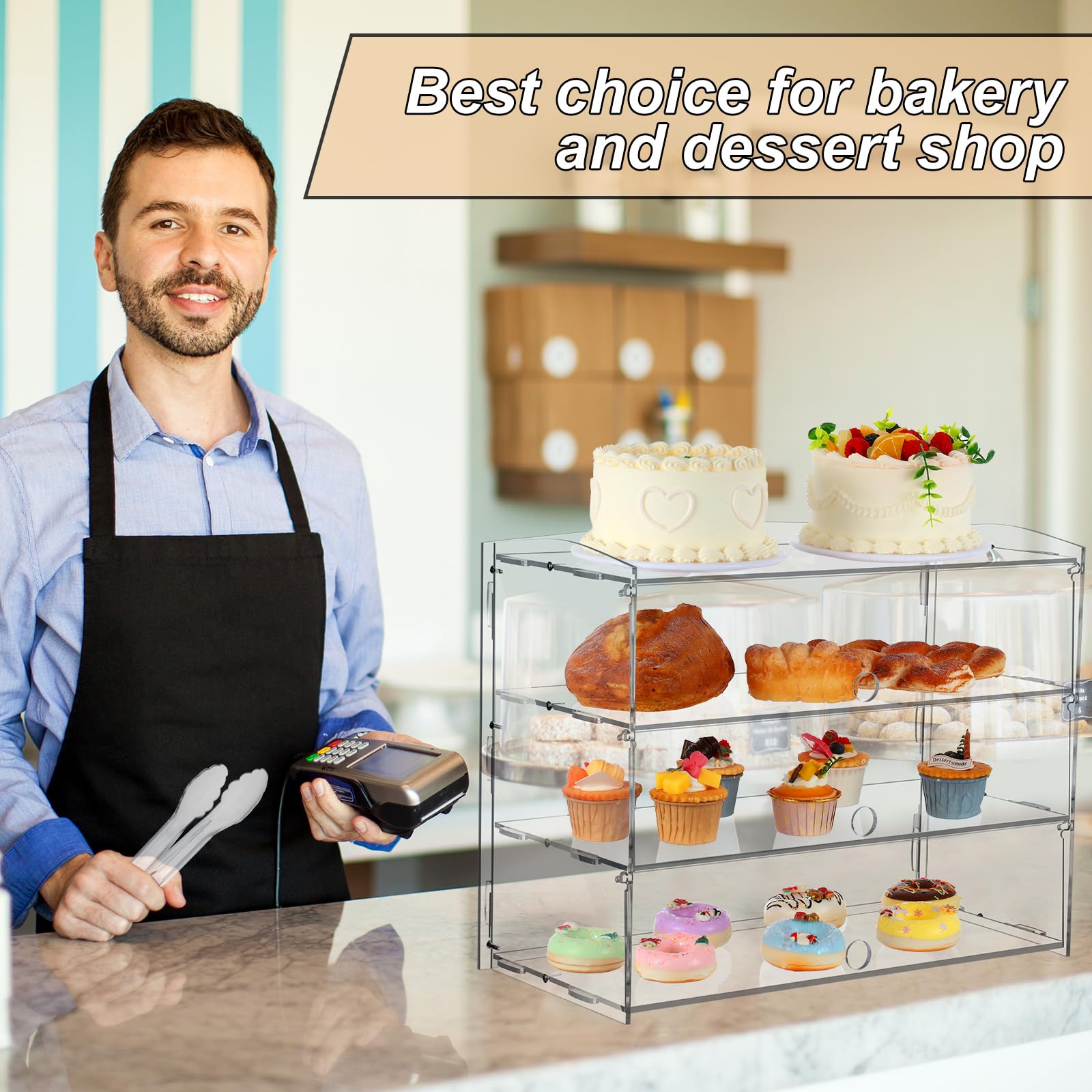 Geetery 3 Tier Pastry Display Case with Serving Tong, Clear Acrylic Countertop Display Case, Bakery Pastry Display, Bread Box Cabinet for Cake Cookie Donut Bagels, 20.08 x 9.45 x 15.75 Inches