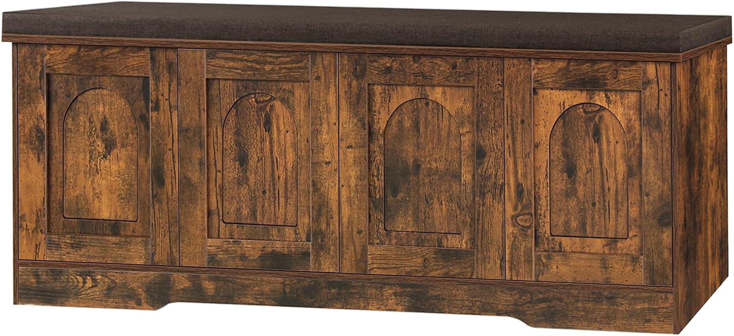 DINZI LVJ Shoe Bench, Entryway Storage Bench with Doors, Cushion, 2-Tier Shoe Rack with 8-Cubby, 47.2L x 13.8W Shoe Organizer Cabinet, Adjustable Shelf, Living Room, Bedroom, Rustic Brown