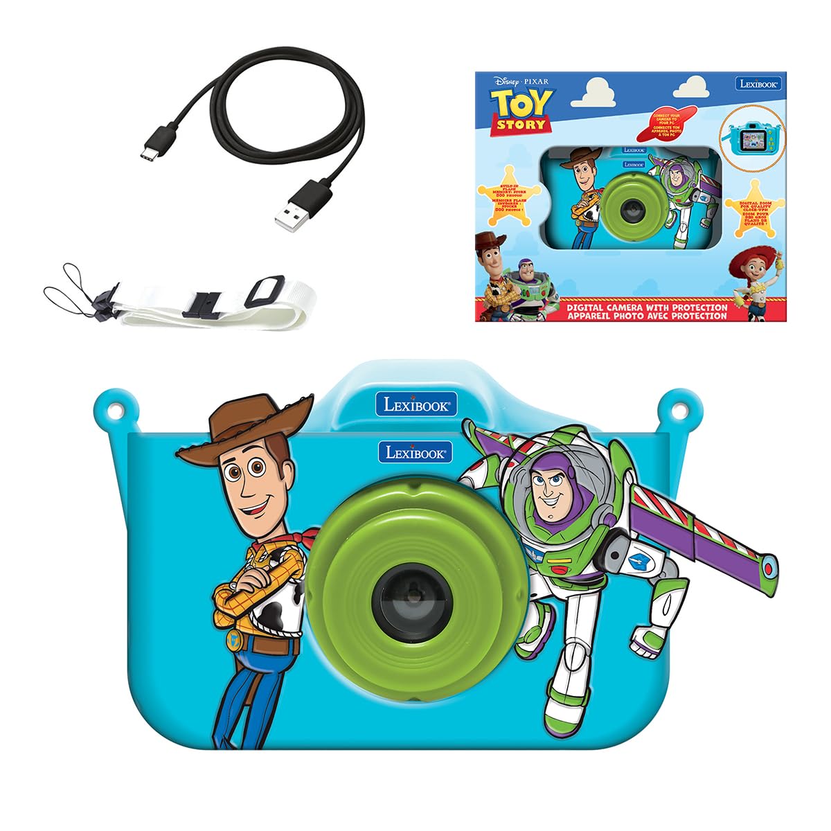 LEXIBOOK, Disney Toy Story Kids Camera, Protective Character Cover, Built‑In Flash Memory, USB‑C Rechargeable, Blue/Green