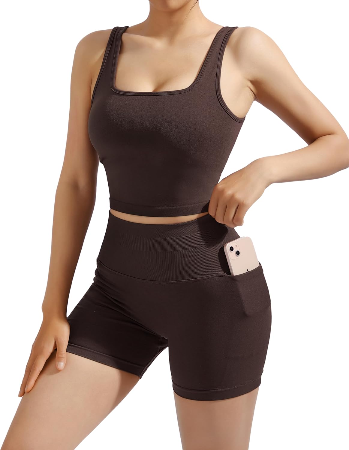 SUUKSESS Women 2 Piece Workout Sets Hidden Scrunch Butt Lifting Biker Shorts Square Neck Tank Tops