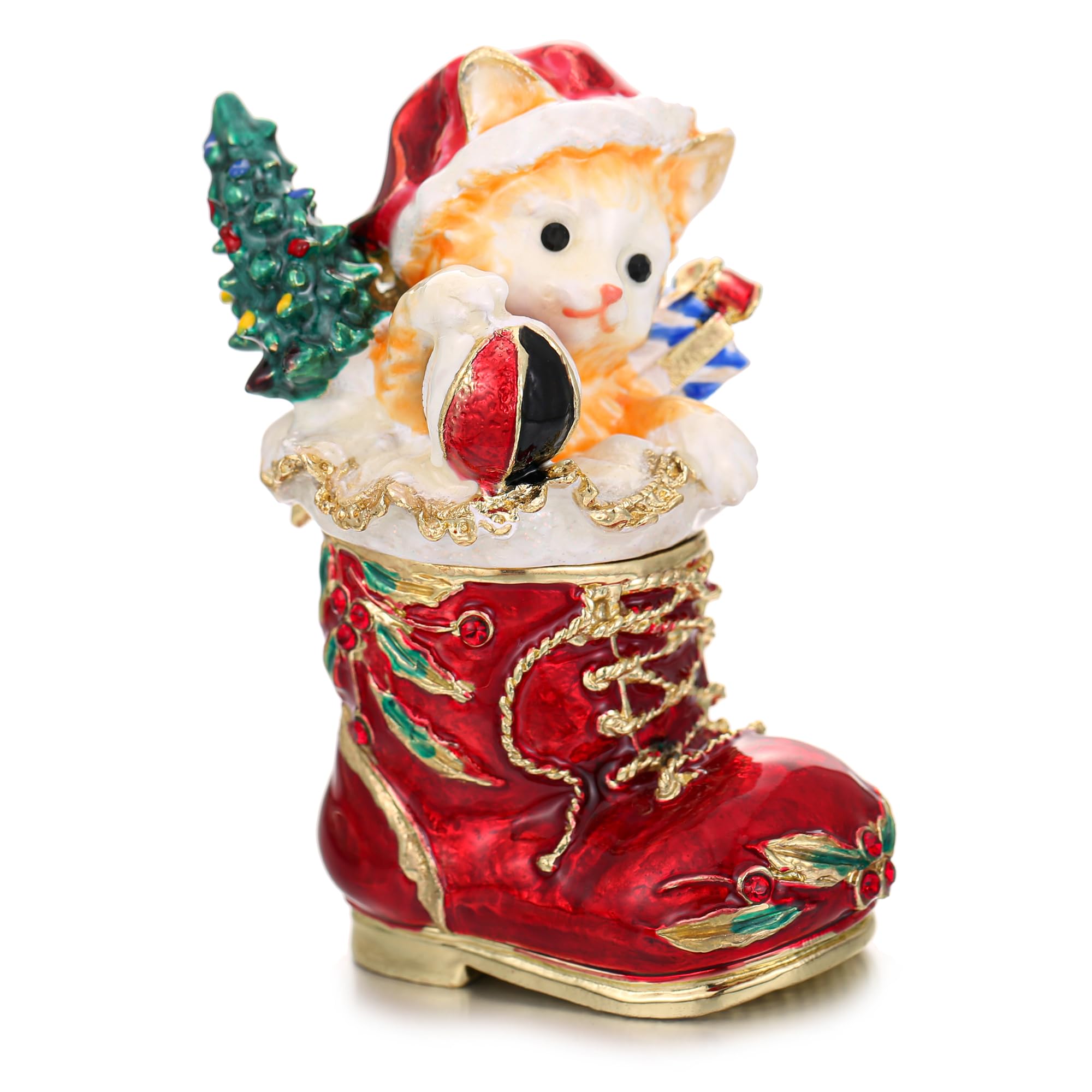 Hand Painted Enamel Christmas Stocking Trinket Box, Hinged Jewelry Organizer Storage, Unique Home Decor Keepsake Collectible Figurine, Personalized Decoration Ornament Gifts (Red Christmas Stocking)
