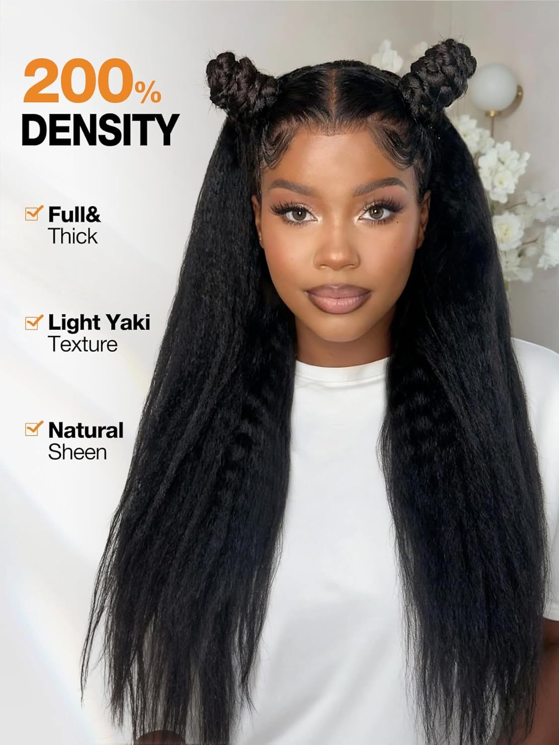 FANCEE Kinky Straight 360 Lace Frontal Yaki Wigs for Black Women Black Yaki Straight Synthetic Lace Front Wig with Pre Plucked Baby 180% Density Light Yaki Texture 26 Inch Blow Out Style Natural Hair