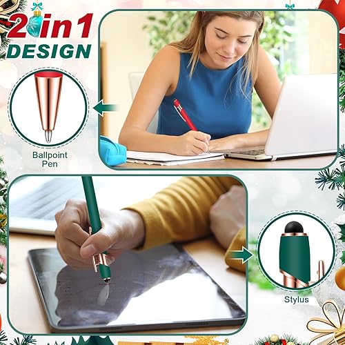 Miniatura 65 de 12 bolígrafos con punta de lápiz capacitivo, 0.039 in de tinta negra, bolígrafo de metal para pantallas táctiles, bolígrafo 2 en 1 (cian y oro rosa)
