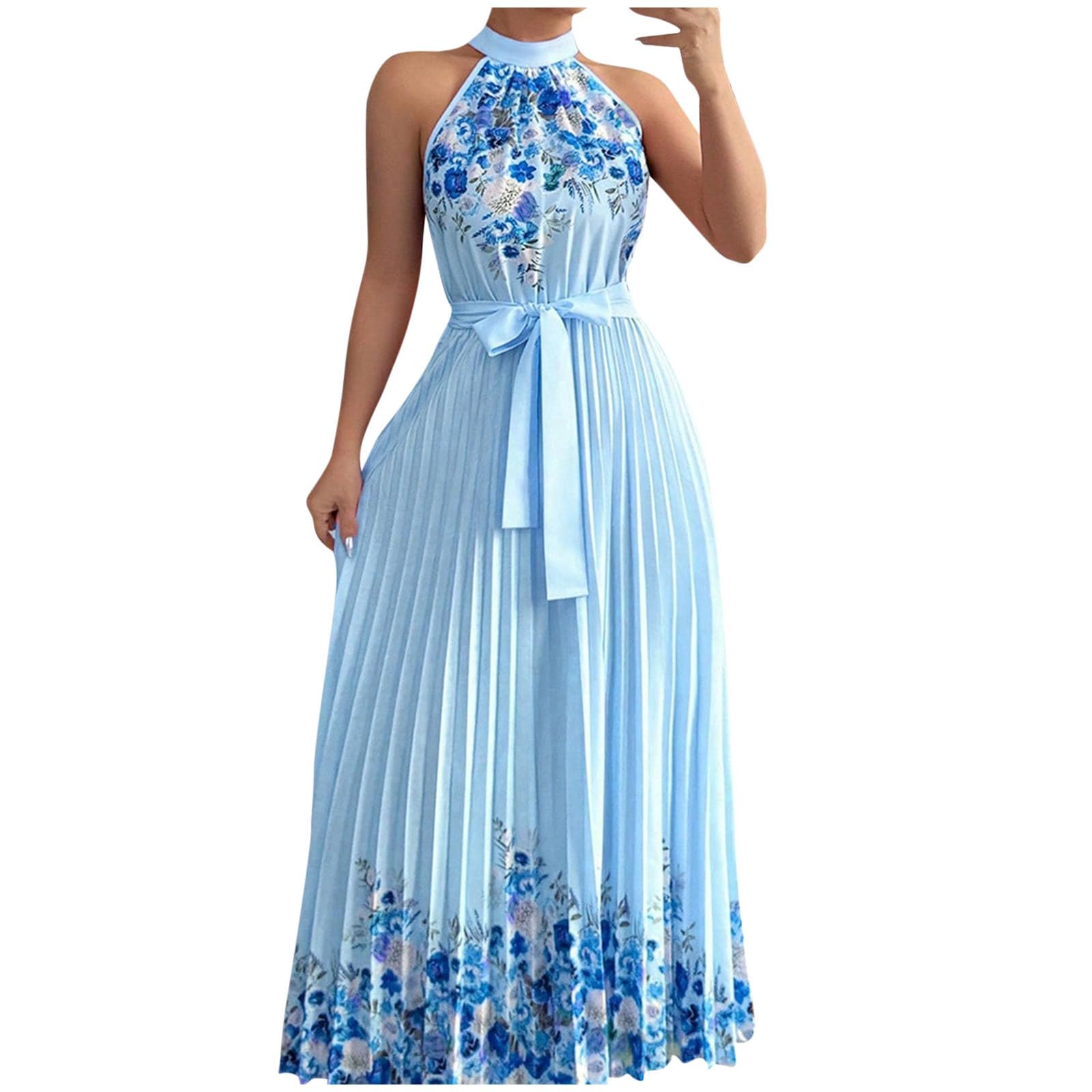 Summer Dresses for Women 2025 Sexy Sleeveless Halter Neck Ruffle Sundress Pleated Tie Waist Beach Vacation Clothes