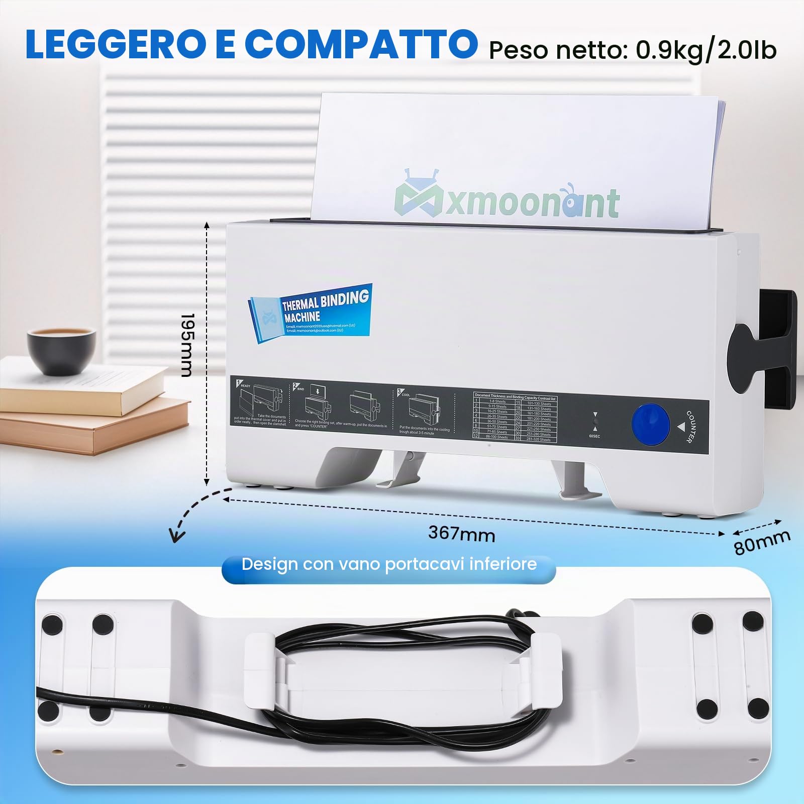 Mxmoonant TH-36 Rilegatrice termica, max. 200 fogli, semplice utilizzo, compatta, per A5/A4, con 5 coperchi di rilegatura