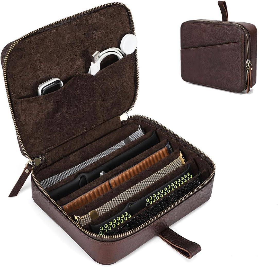 CONTACTS Custodia per cinturini in vera pelle con cerniera, organizer da viaggio, compatibile con tutte le serie di cinturini e accessori Apple Watch (color caffè, 6 slot)