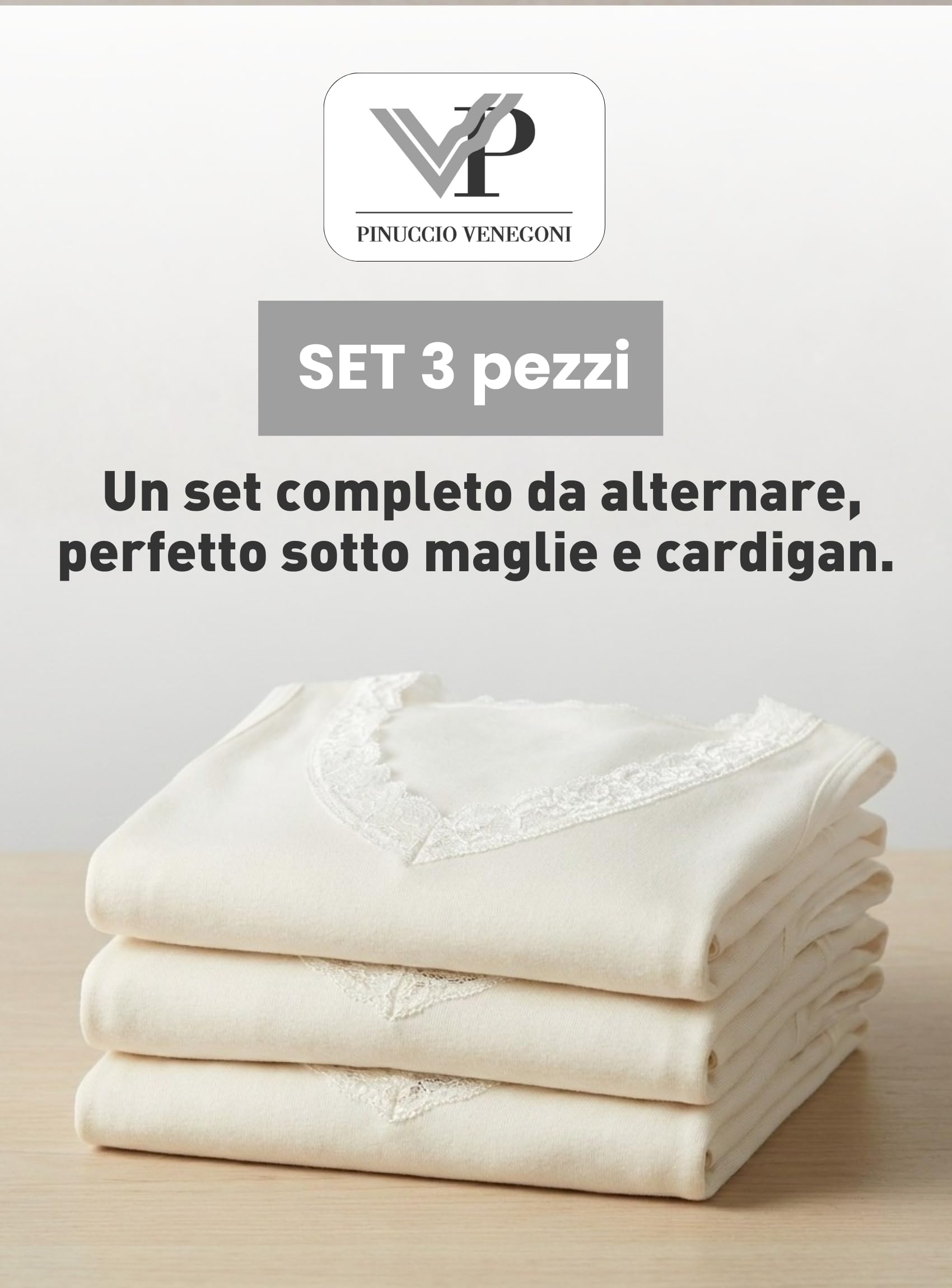 VP PINUCCIO VENEGONI Set 3 Canottiere Donna Spalla Larga in Lana e Cotone | Intimo Termico Made in Italy, Dettaglio in Pizzo