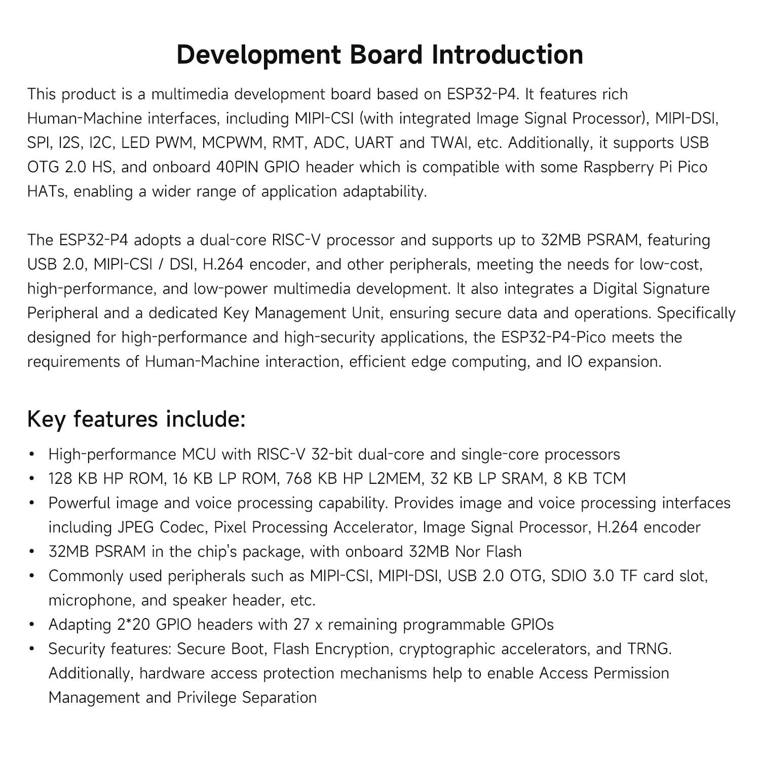 Waveshare ESP32-P4-Pico High-Performance Development Board, Featuring ESP32-P4, RISC-V Dual-Core and Single-Core Processors, and Advanced Human-Machine Interfaces, with Pre-soldered Headers