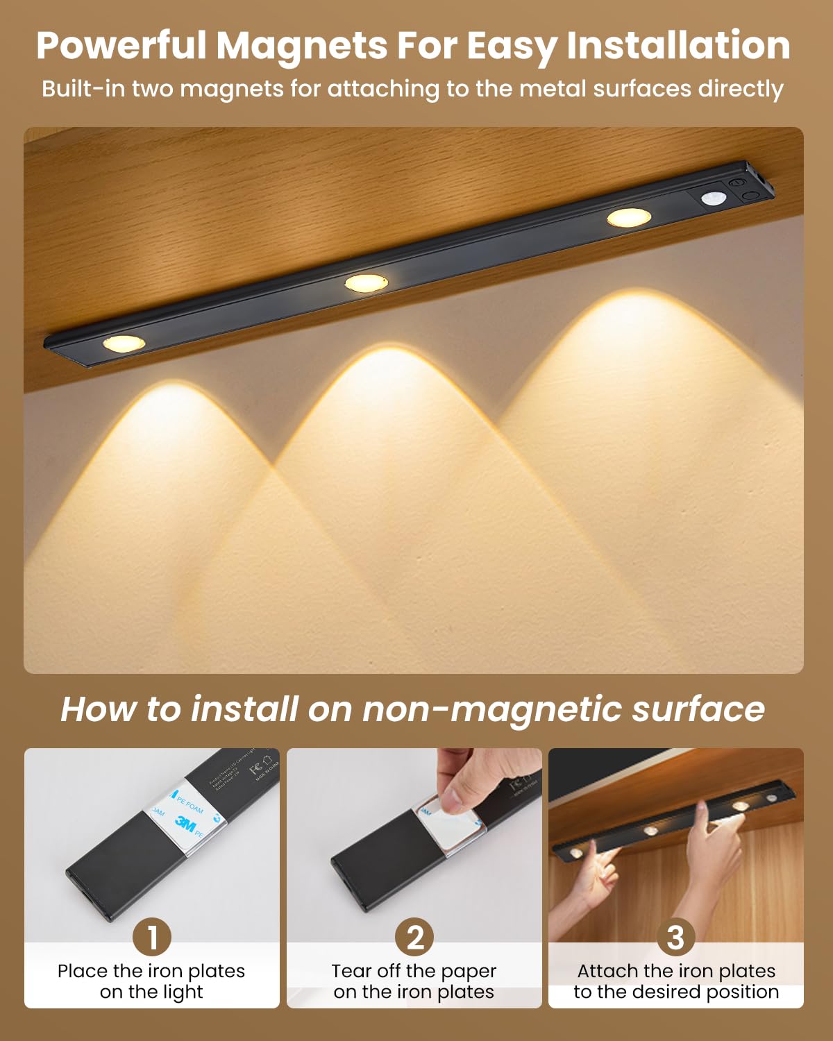 3 LED Unterschrankleuchte, Unter Theke Dimmbar Beleuchtung mit Bewegungsmelder, USB Wiederaufladbare Bewegungsmelder Licht, Katzenauge Hügel Welleffekt für Vitrine, Vitrine, Weinschrank