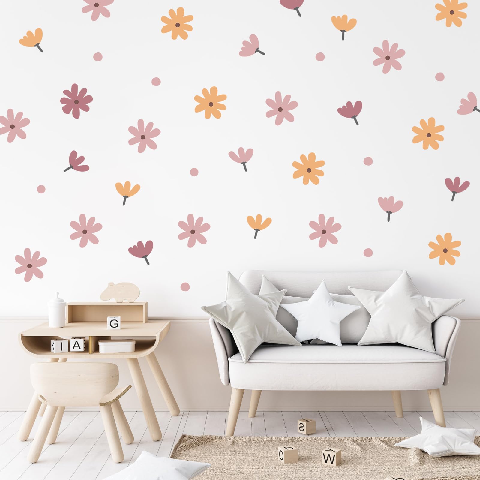 Floral Wall Stickers - Floral Wall Decal for Girls,Boho Pink Flower Wall Decal, Pastel Flower Nursery Wall Stickers (Flower Deco)