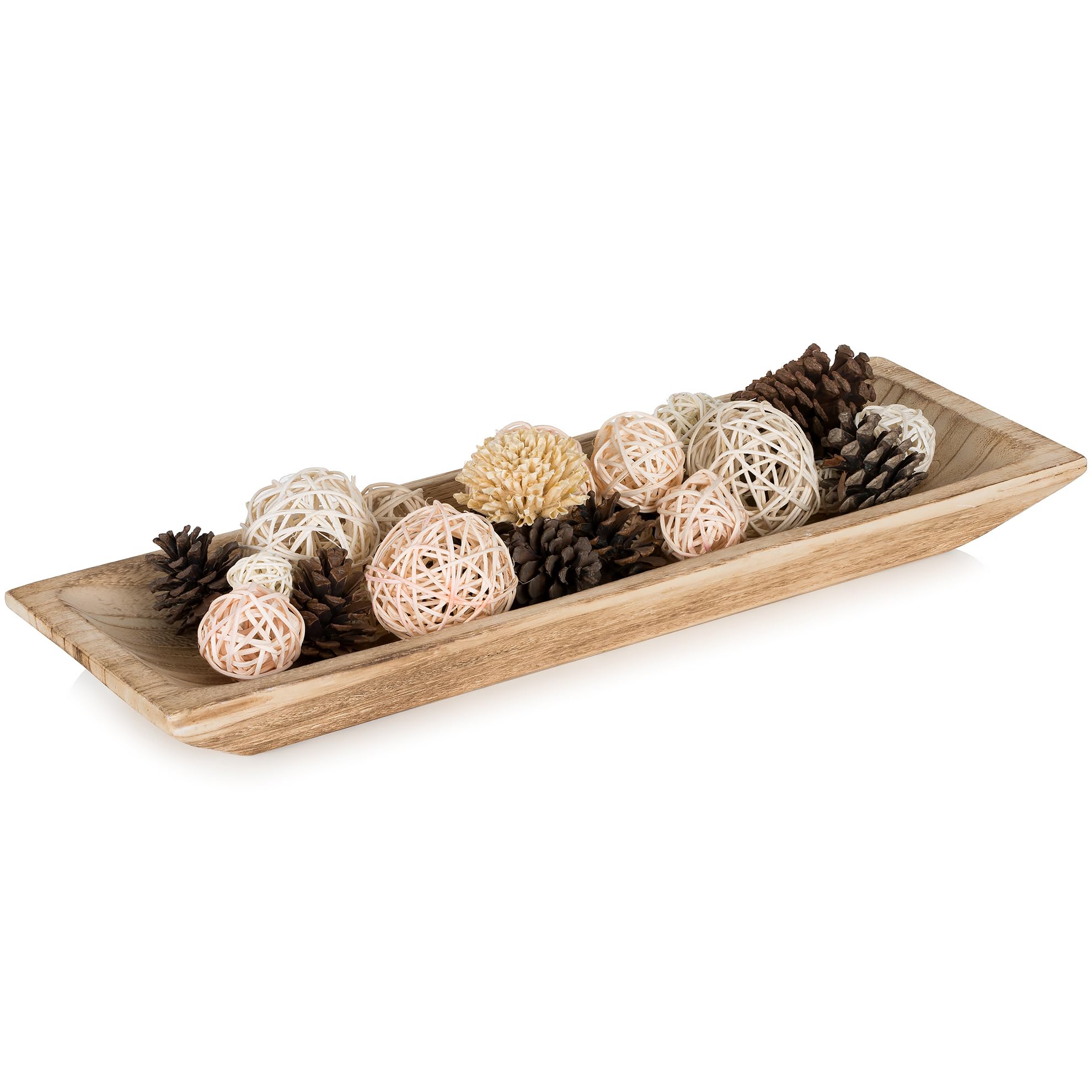 hanobe decorative wood dough bowl: large long wooden centerpiece table decorations natural candle holder tray decor rustic unfinished centerpieces for dining room kitchen fruit bowls, burnt
