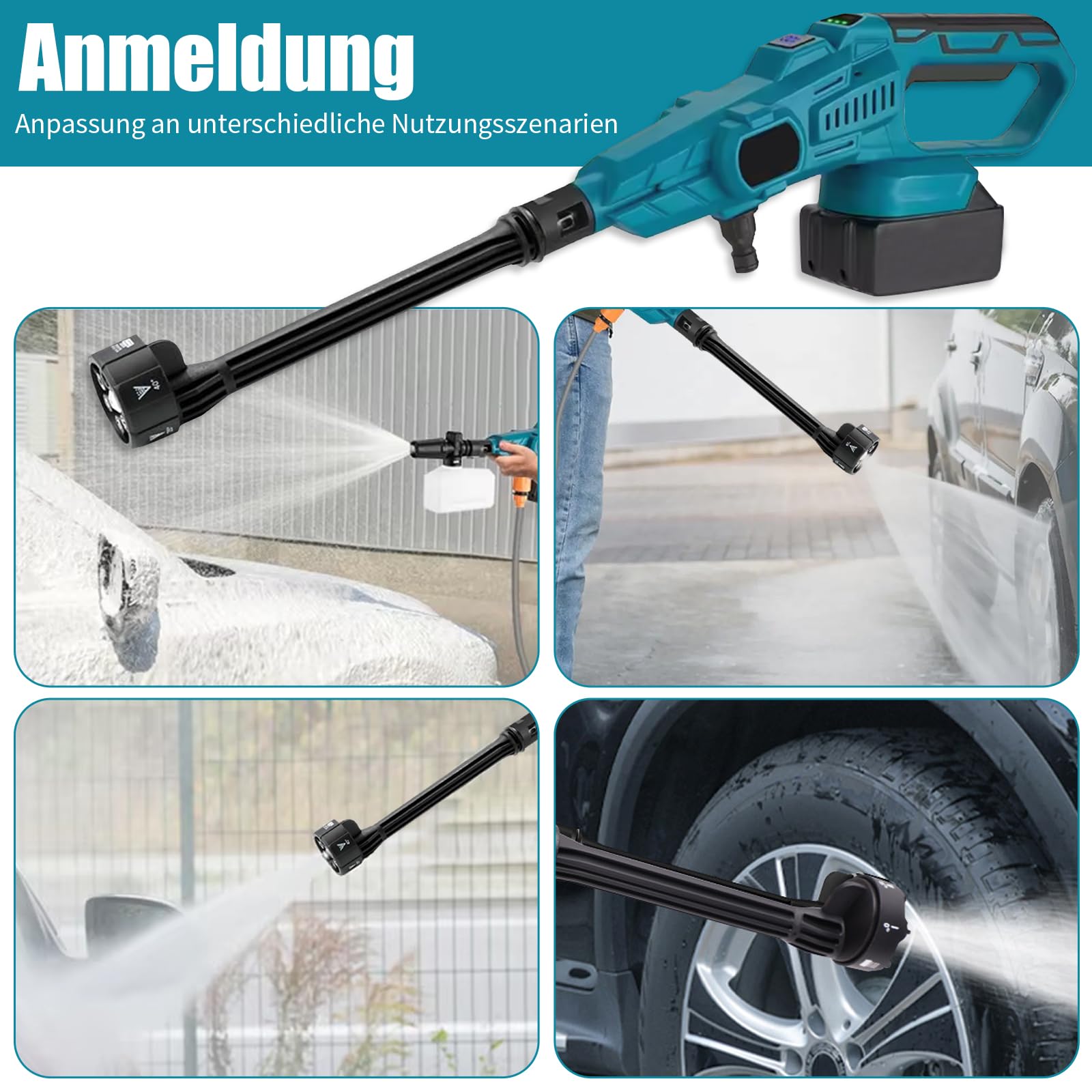 Accu hogedrukreiniger, 100 BAR voor Makita 18V accu Draagbare hogedrukreiniger, borstelloze motor, 380L/H (6,3L/min), met 15000mA batterijen, voor auto, huis, gazon, tuin, hek (met 2 batterijen