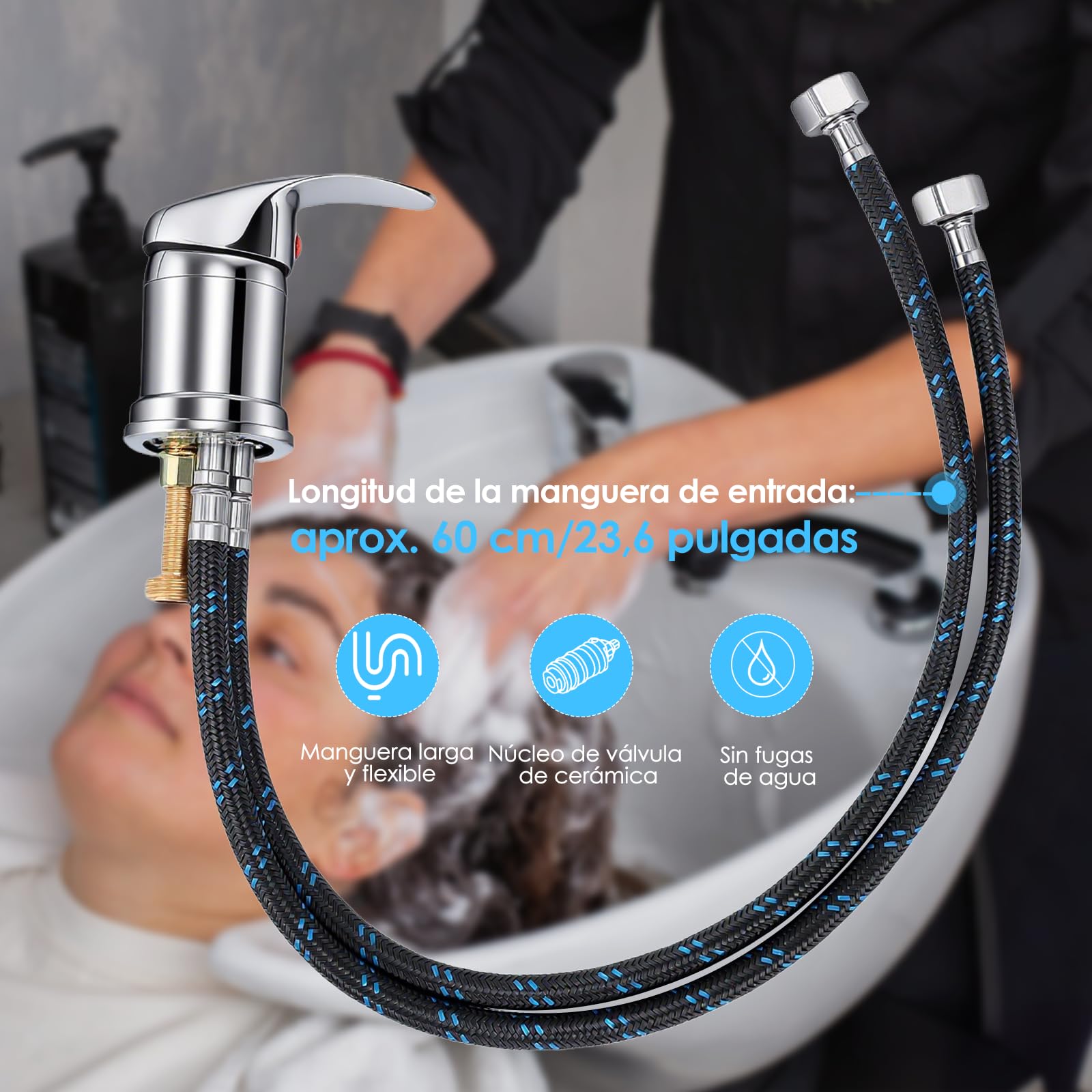 Rubinetto Lavabo Salotto, Valvola Miscelatrice, Lavacapelli Portatile Rubinetto Alcachofa – Miscelatore Parrucchiere + Tubo, Regolazione Facile – Tubo Professionale per Lavabo