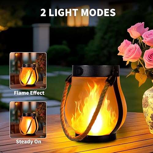 Miniatura 2 de Paquete de 2 faroles solares de llama, faroles colgantes de llama parpadeante para exteriores, luces de jardín impermeables con 2 modos de carga