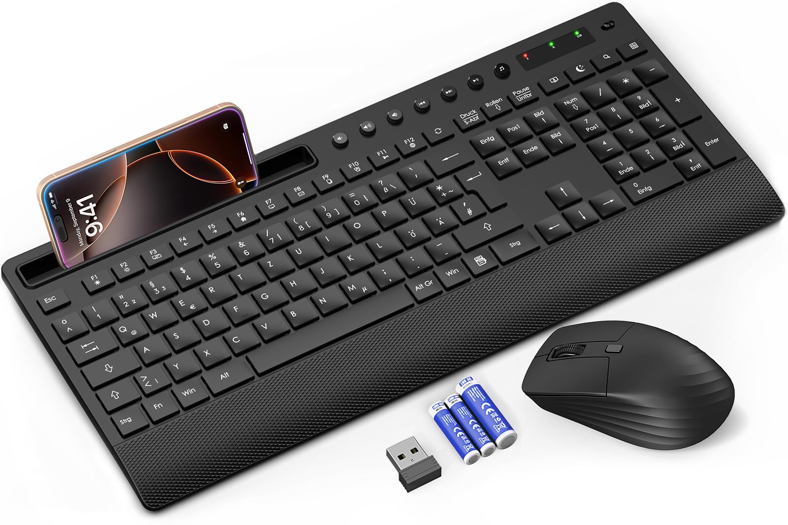 Tastatur Maus Set Kabellos, Leise 2,4 GHz Tastatur in voller Größe mit Handballenauflage, Telefonhalter, Multimediatasten, Kabelloses Set für Windows, Chrome OS, PC, Laptop (Batterien) - KM31