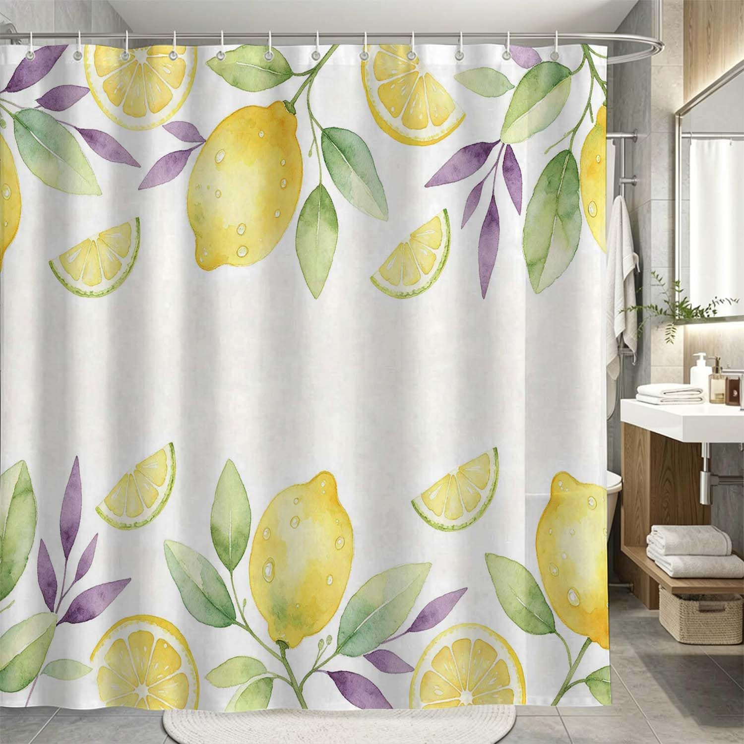 Rideau de Douche Anti Moisissure Citron, Rideau de Bain Citron 3D Rideaux de Douche en Polyester, Imperméable, Lavable en Machine, avec Crochets, 300 x 200 cm 1584-YLP