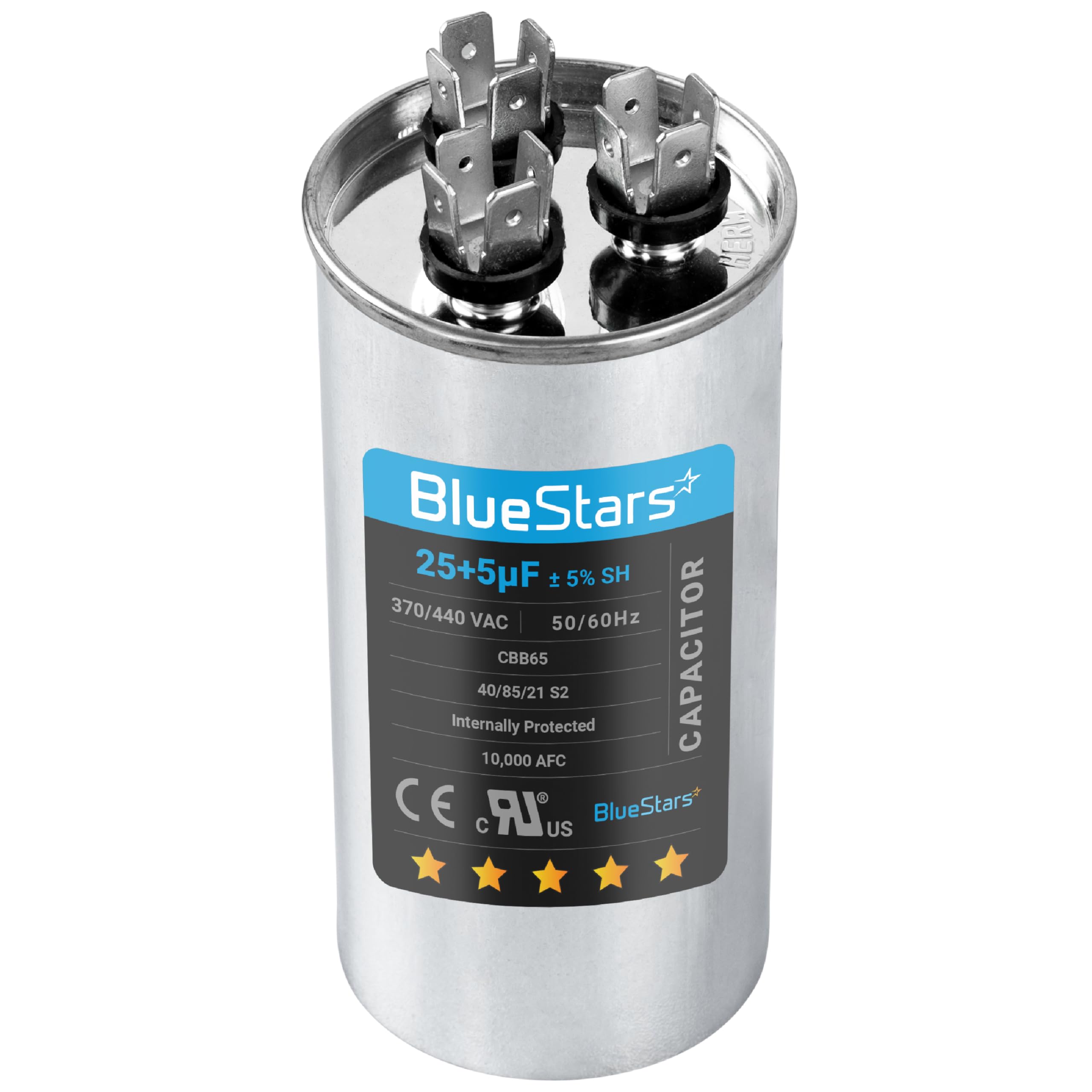 Photo 1 of [2025 Updated] BlueStars 25/5 uF 25+5 MFD 370-440VAC Volts ±5% Dual Run Start Round Air Conditioner Capacitor CBB65 50/60 Hz for AC Unit Fan Motor Start or Heat Pump or Condenser Straight Cool