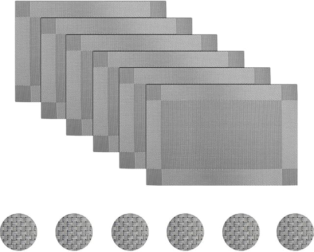 pigchcy Grey Elegant Placemats Set of 6 with Coaster Vinyl Washable Placemats for Dining Table (45 x 30cm)