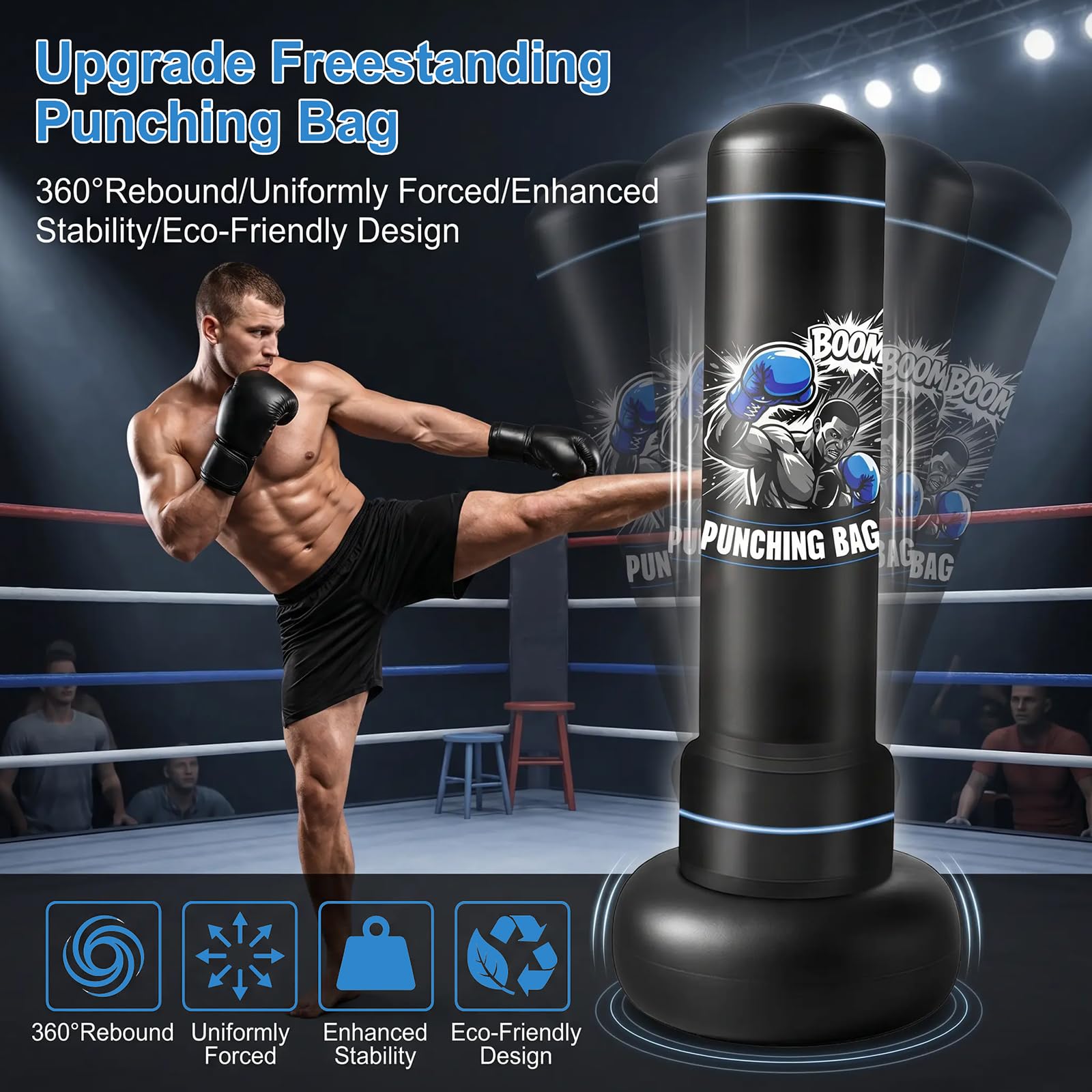 Qoosea Sacco da Boxe da Terra 180cm, Stabile Sacco da Boxe per Adulti Pungiball con Guantoni e Pompa, Sacchi da Box Gonfiabile per Pratica di TaekwondoKarate MMA Fitness
