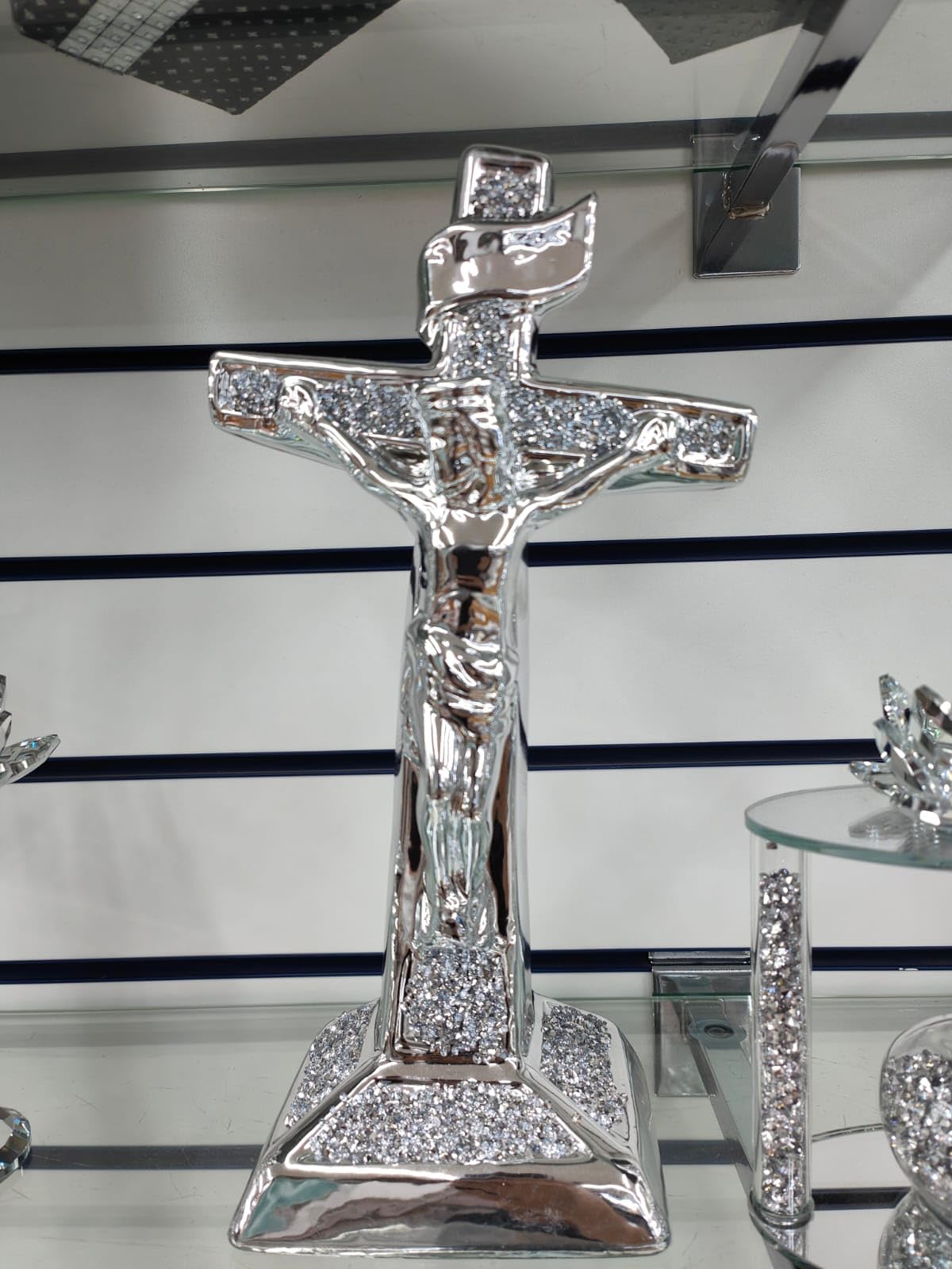 Biznest Cross Silver Ornament Bling Crushed Diamond Display Decor Gift