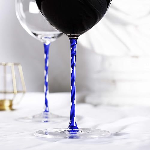Miniatura 3 de LUXU Copas de vino (32 onzas) con tallo azul largo y base transparente, juego de 2 copas de vino rojo y blanco de lujo, sopladas a mano, copa