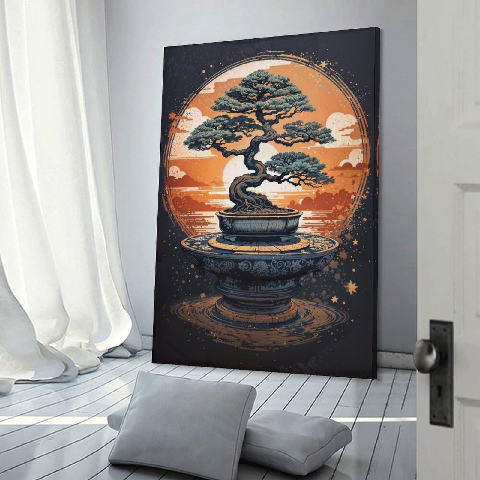 Junmoney Japanese Eternal Bonsai Canvas Wall Art, 12x18inch(30x45cm), for Workspace Walls, Study Corners Or Bedrooms, An Interior Accent for Desk Areas