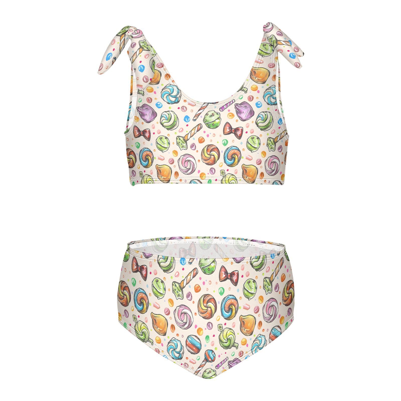 Candy Pattern Girls Tankini Swim Set, Two Piece Swimsuits Summer Bikini Swimwear Set for Girls, 4T Multicoloured