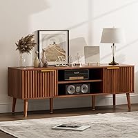 LCRBOL Mid-Century Modern TV Stand for 55-65" TVs, Walnut Entertainment Center with Fluted Doors, Adjustable Shelves & Cable Management
