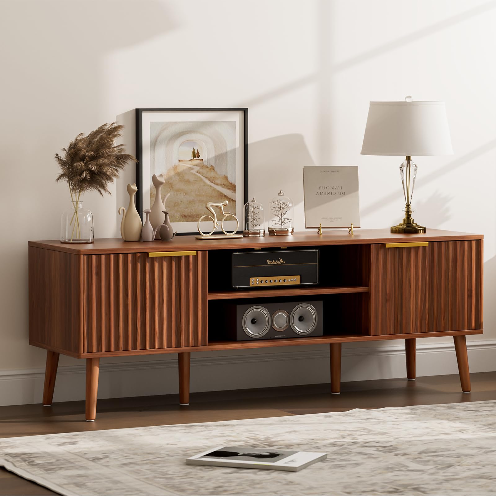 LCRBOL TV Stand for Living Room, Mid Century Modern Entertainment Center for 55/60 inch TVs, TV Console with Fluted Door Cabinets and Open Shelves,