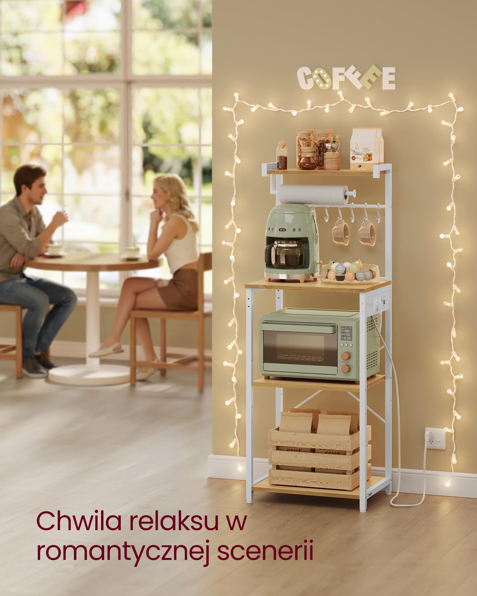 VASAGLE Półka kuchenna z wieloma gniazdami, 4-poziomowy bar kawowy z regulowaną półką, 8 haczyków S, uchwyt do mikrofalówki, 40 x 45 x 140 cm, złoty dąb i biała chmura KKS013YA02