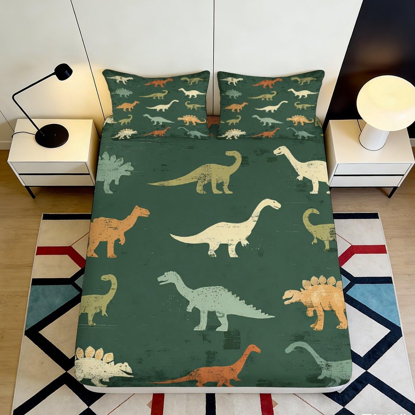 Uynsixtme Style-6 3D Printed Dinosaur Fitted Sheet Microfiber Deep Pocket Non-Slip Bedroom Bedding Dinosaur Mattress Fitted Cover Washable 200X200x25cm