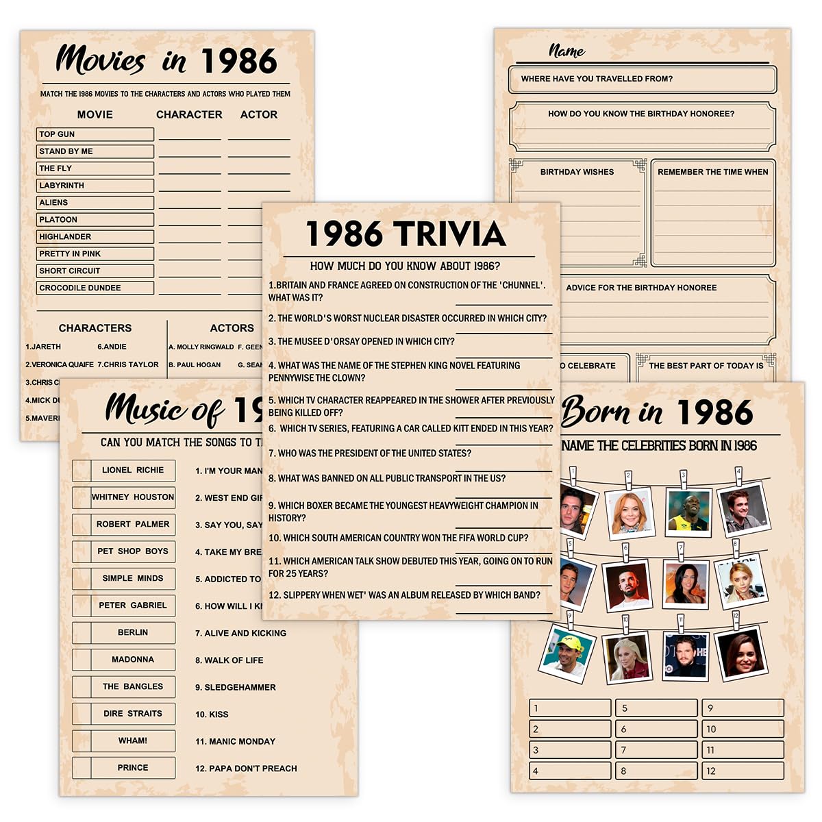 QUPT 40th Birthday Party Games, Set of 5 Activities for 10 Guests, Born in 1986 Games Bundle, Birthday Party Supplies for Adults, Pack of 50 Cards