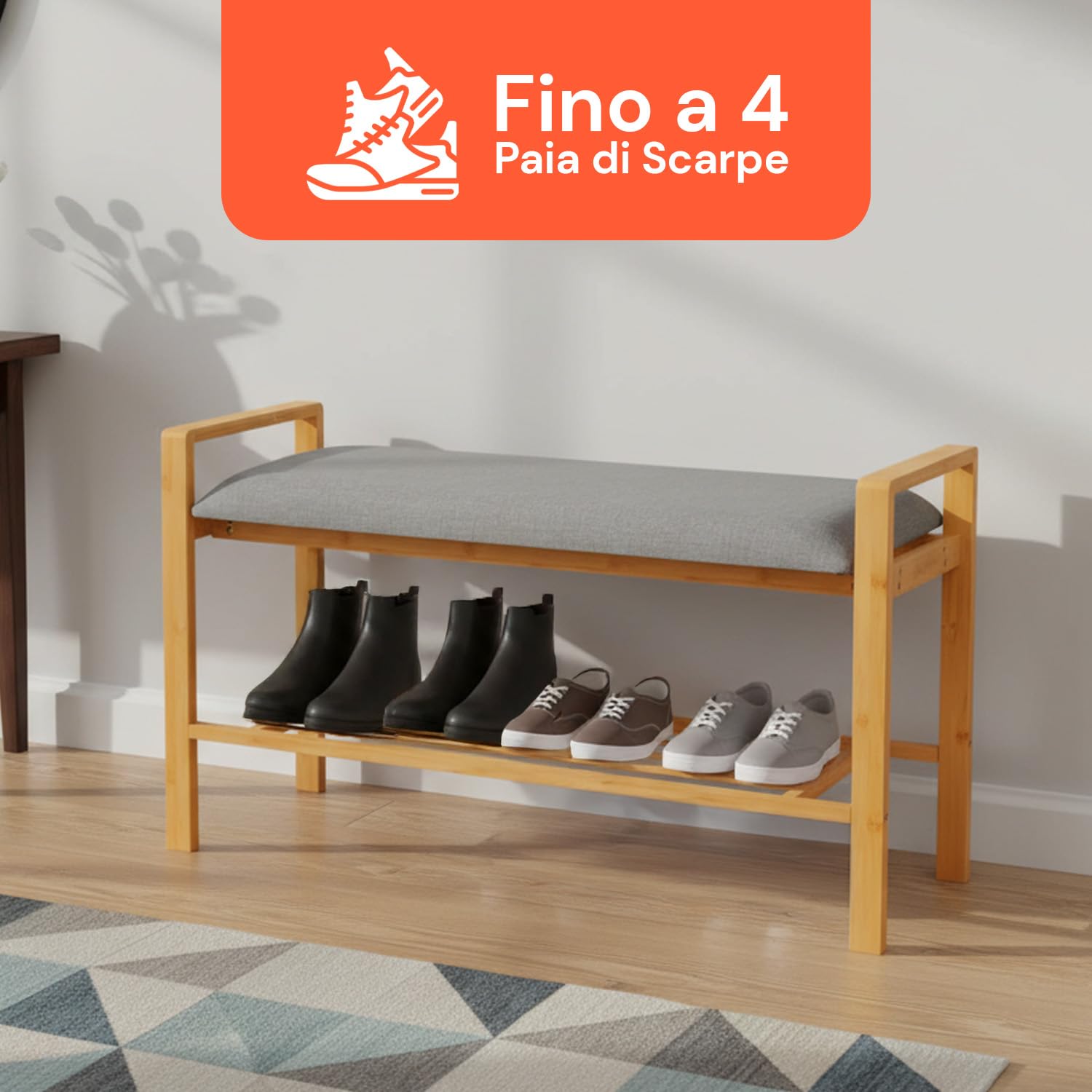 Avilia Panca Scarpiera da Ingresso in Bambù Panca Contenitore con Seduta Imbottita Grigia, Scarpiera Salvaspazio Slim Ripiano a Doghe, Portascarpe Moderno per Camera, Corridoio e Bagno