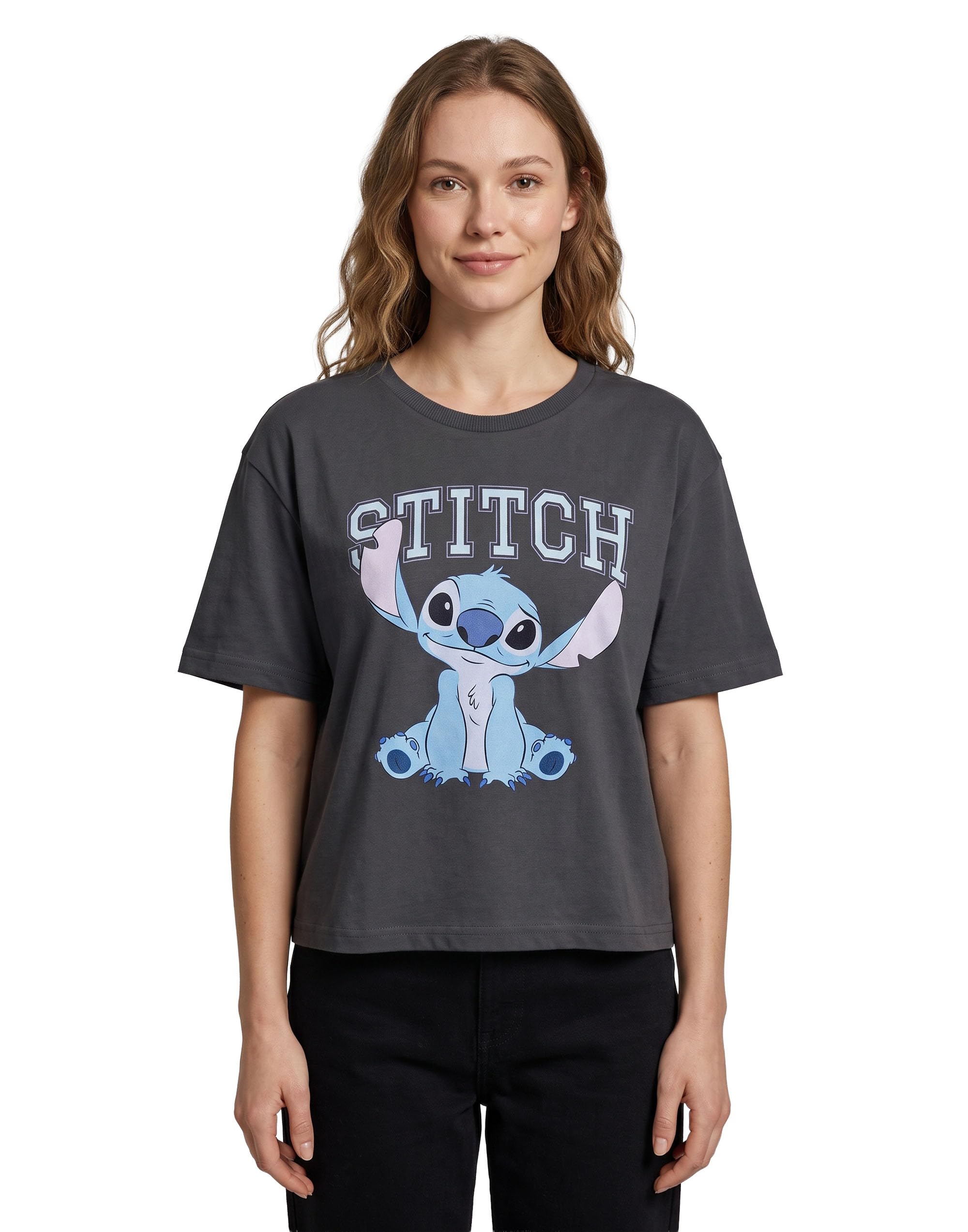 Disney Stitch Women's Charcoal Cropped Short Sleeved T-Shirt - Grey - XL