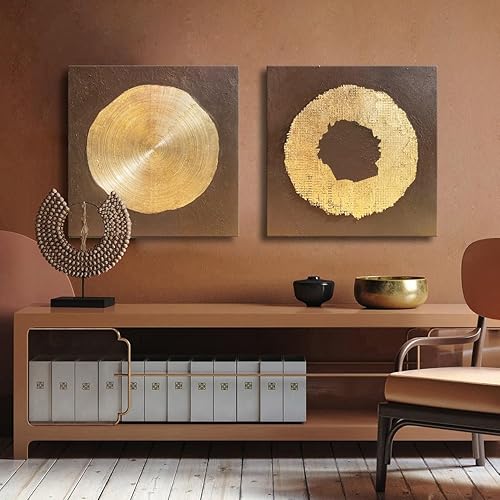 Miniatura 1 de MOUODEWO Arte abstracto dorado para pared, lienzo marrón, pintado a mano, textura redonda, decoración de estilo moderno, juego de 2 piezas, adecuado