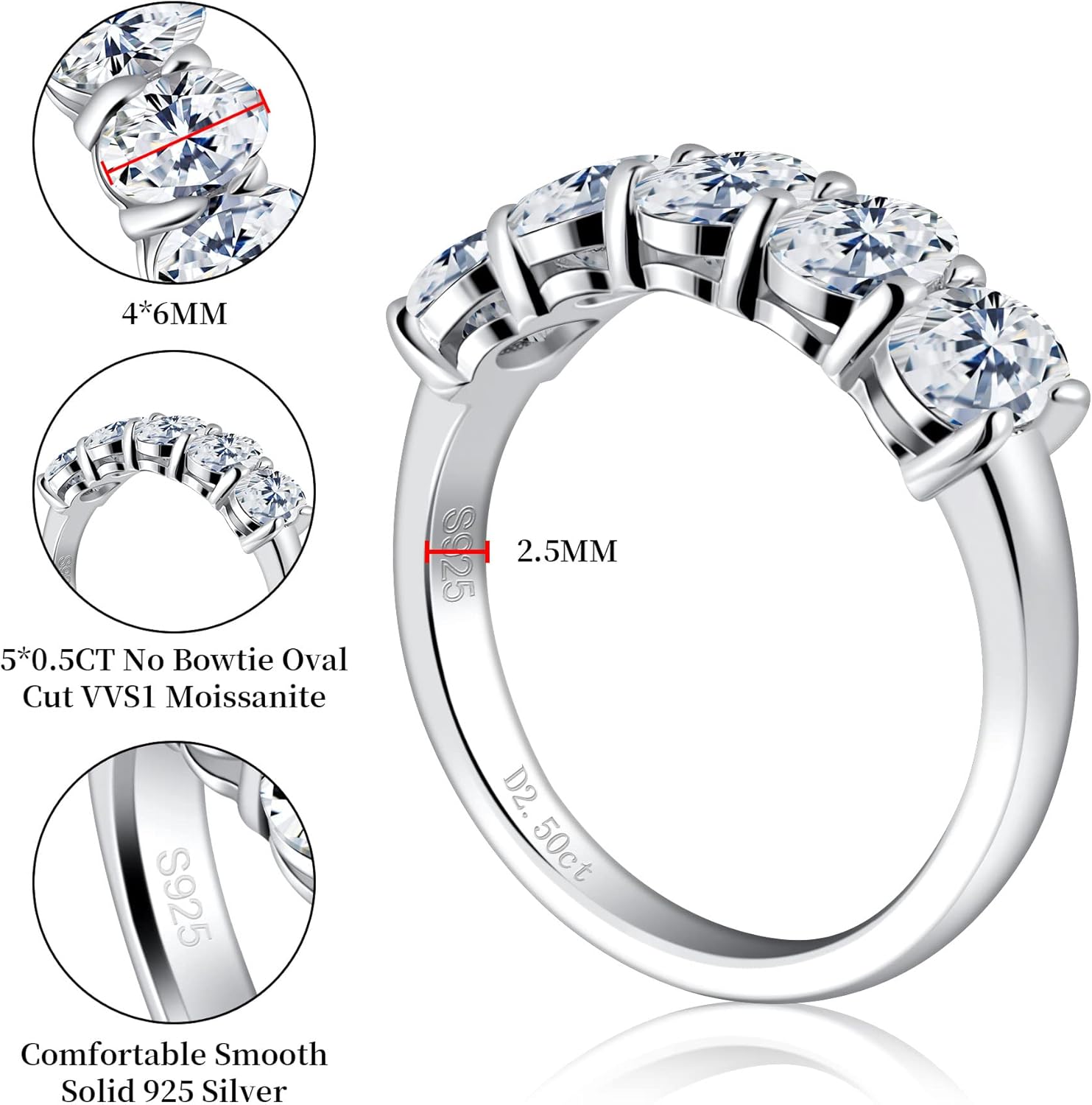 Ladylike Moissanite Wedding Band 5 Stone Oval Cut Moissanite Rings for Women 2.5 Carat 925 Sterling Silver Half Eternity Ring