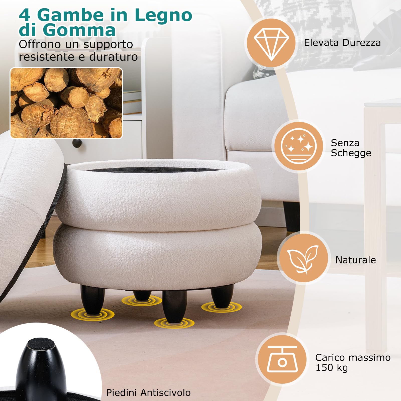 COSTWAY Pouf Contenitore Rotondo 20 L, Ottomano con Coperchio Rimovibile, Sgabello da Trucco con Gambe in Legno di Gomma, Portata 150 kg, per Camera da Letto e Salotto