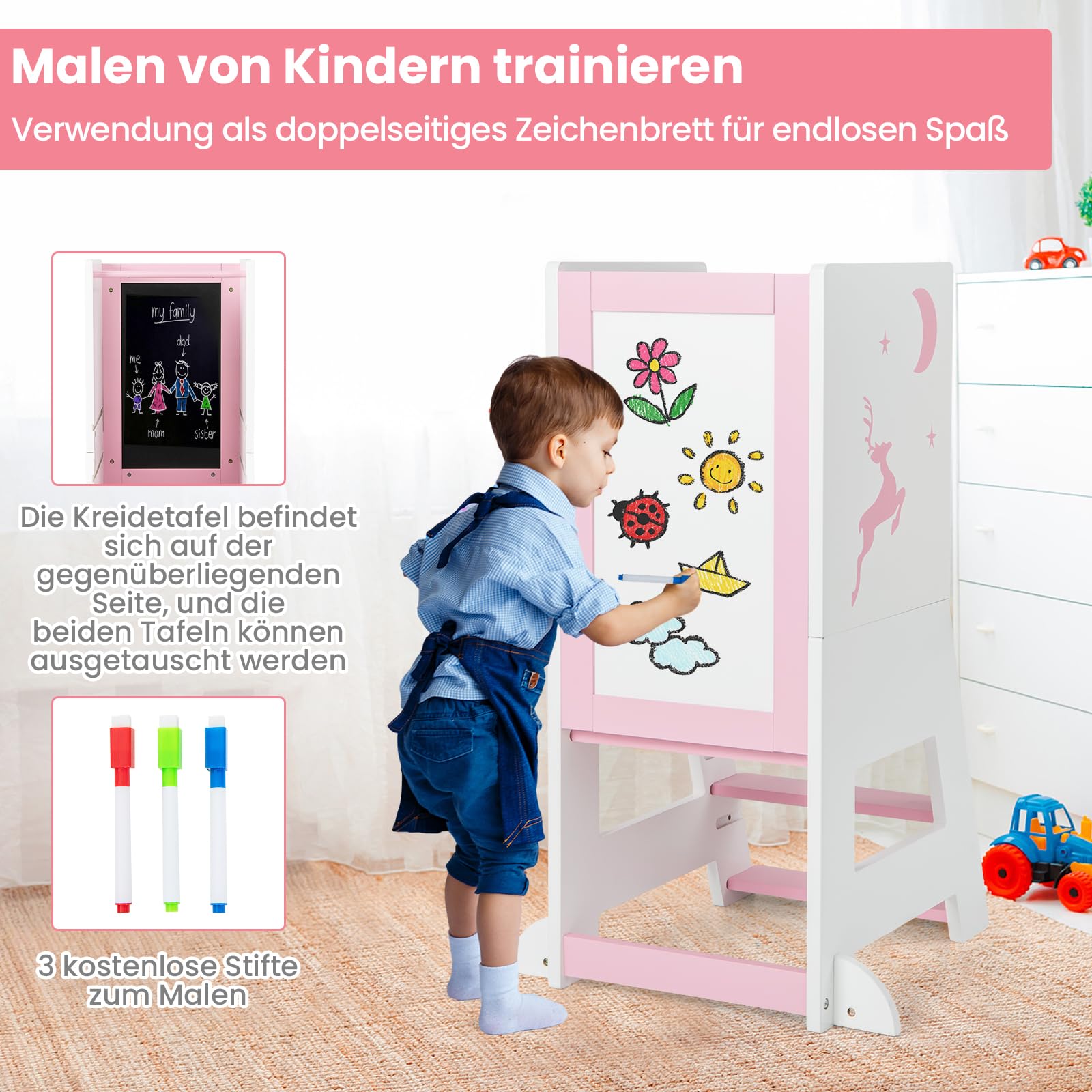 COSTWAY Wieża edukacyjna dla dzieci, 2 w 1, taboret do stąpania montessori z 3 regulowanymi wysokościami i dwustronną tablicą, stołek z 3 bolcami, pomocnik kuchenny dla dzieci od 1 lat, obciążenie 70