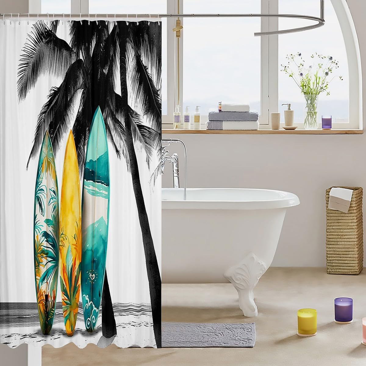 Castle Fairy Surfboard Shower Curtain Tropical Coconut Tree Bathroom Curtain Hawaiian Ocean Beach Barn Door Waterproof Curtain for Kids Adult Room Decor Sea Surfing Sports Bath Curtain
