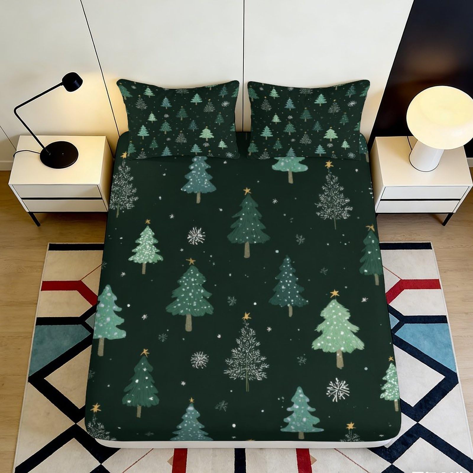 3D Printed Christmas Pine Tree Fitted Sheet Microfiber Dark Green Snowflake Bed Cover for Bedroom Guest Room 160x200x25cm